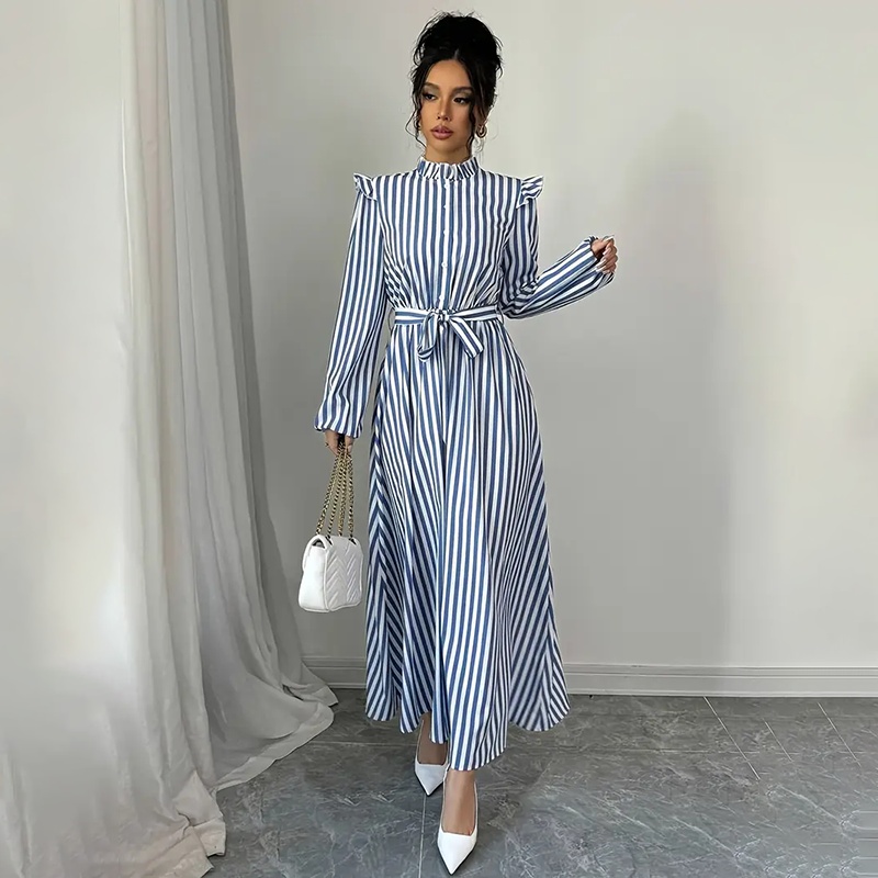 Women's Floral Print Long Sleeve Maxi Dress - Stand Collar A-Line Dress With Waist Detail, Lantern Sleeves & Ruffle Hem For Spring&Fall - Image 9