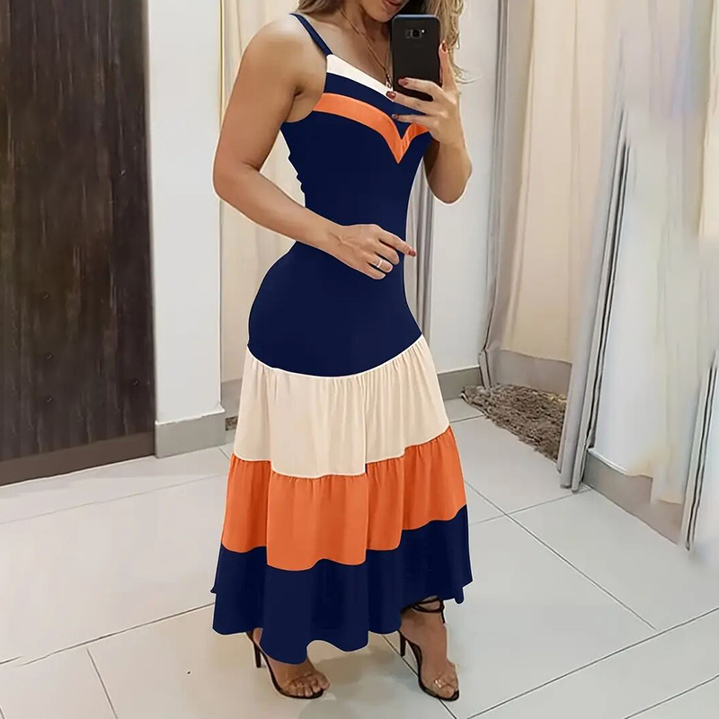 Women's Summer Casual Sleeveless V Neck Color Block Spaghetti Strap Maxi Long Dress - Image 4