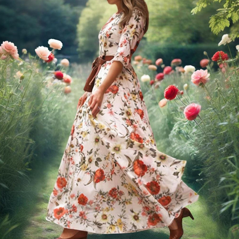 Women's Elegant Floral Print Boho Dress - Round Neck Half Sleeves Flowy Maxi Dress - Image 3