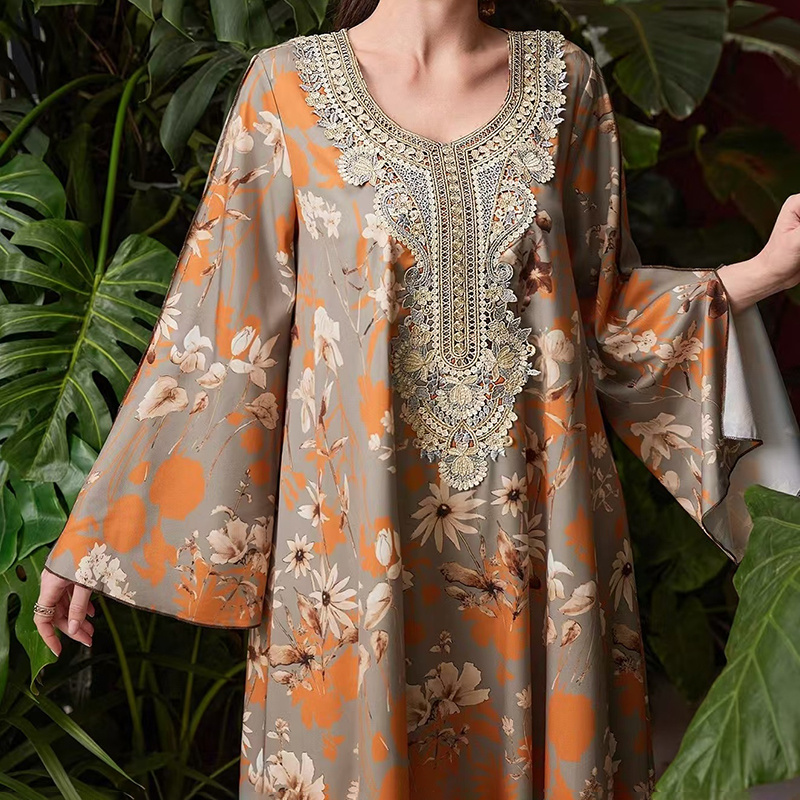 Women's Elegant Plus Size Floral Print Maxi Dress - Middle Eastern Bohemian Style Embroidery Long Dress - Image 2