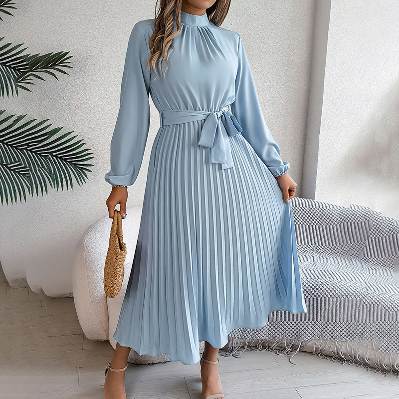 Elegant High Neck Long Sleeve Pleated Maxi Dress - Solid Color Flowy Dress For Women, Casual To Formal Wear - Image 4