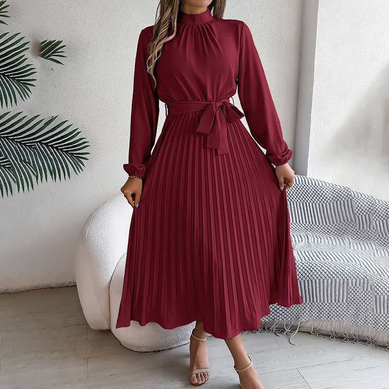 Elegant High Neck Long Sleeve Pleated Maxi Dress - Solid Color Flowy Dress For Women, Casual To Formal Wear - Image 10