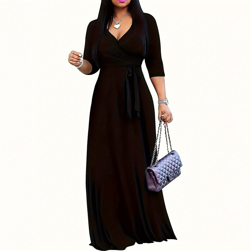 Women's V-Neck Elegant Half-Sleeve Belted Waist Print Maxi Dress For Spring&Summer Dress - Image 4