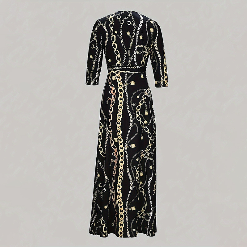 Women's V-Neck Elegant Half-Sleeve Belted Waist Print Maxi Dress For Spring&Summer Dress - Image 9