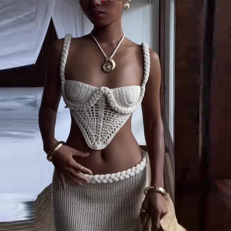 Y2K Crochet Knit 2 Piece Skirt Set Women's Square Collar Camisole Hip Skirt Hollow Out Strapless Tube Top Low Waist Bodycon Maxi Skirts Outfit - Image 3