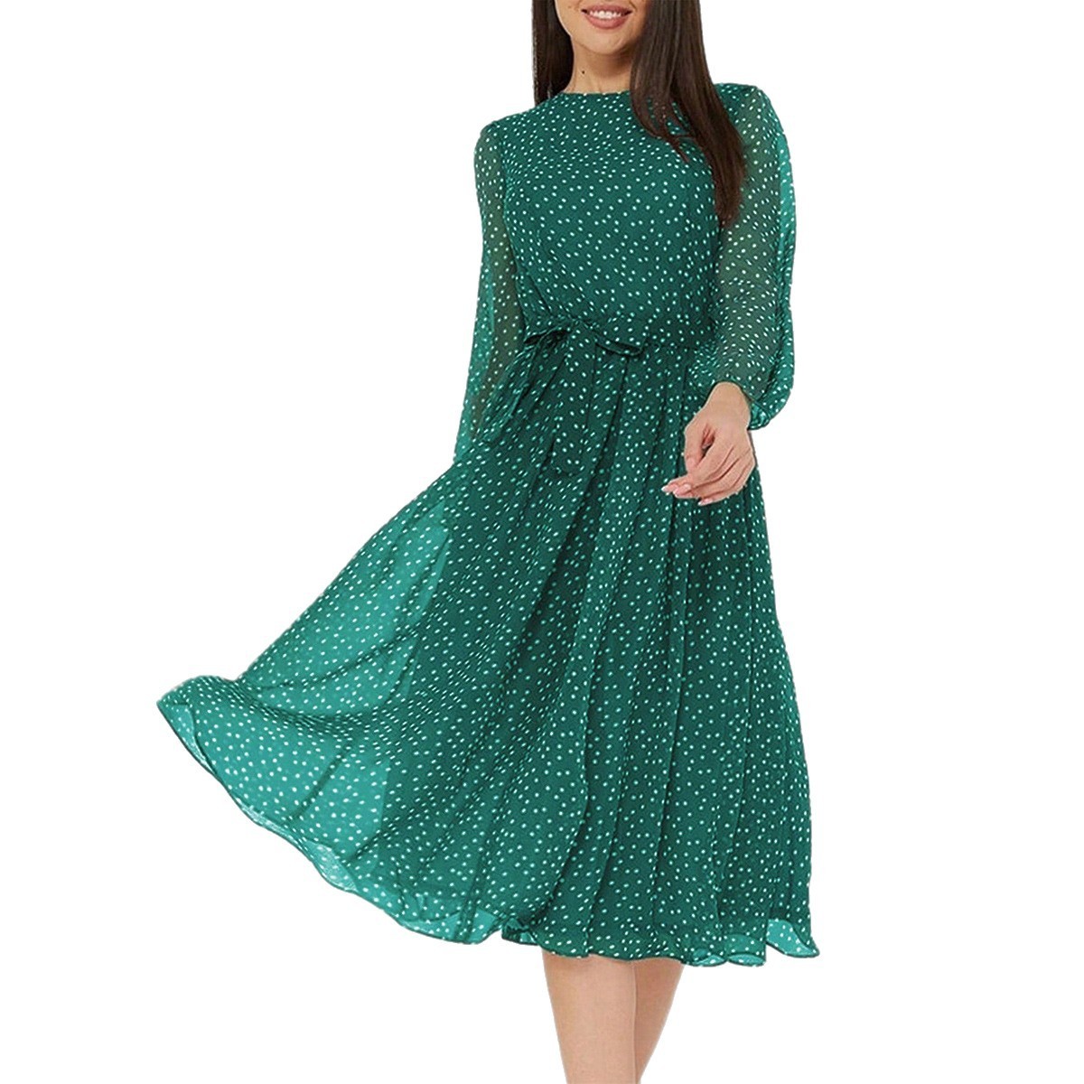 European And American Leisure Vacation Style Polka Dot Long Sleeve Maxi Dress - Image 6