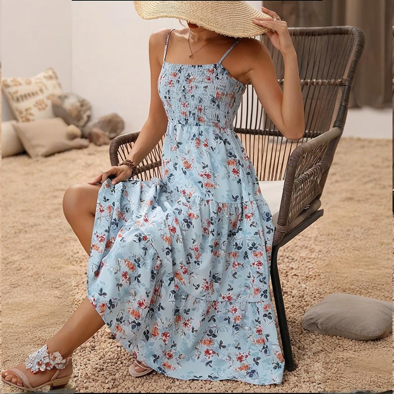 Womens Summer Floral Midi Dress Smocked Spaghetti Strap Sleeveless Tiered Casual Flowy Dresses - Image 7