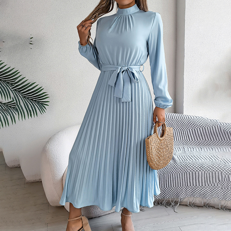 Elegant High Neck Long Sleeve Pleated Maxi Dress - Solid Color Flowy Dress For Women, Casual To Formal Wear - Image 3