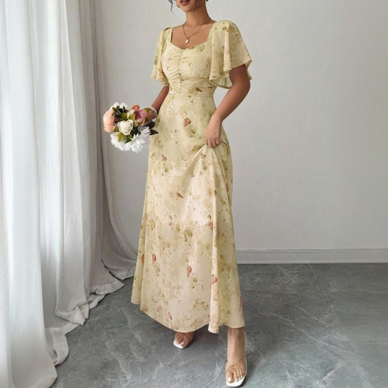 Women's Solid Color Square Neck Short Sleeve Butterfly Print Flowy Dress A-Line Summer Vacation Maxi Dress - Image 7