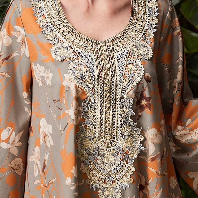 Women's Elegant Plus Size Floral Print Maxi Dress - Middle Eastern Bohemian Style Embroidery Long Dress - Image 5