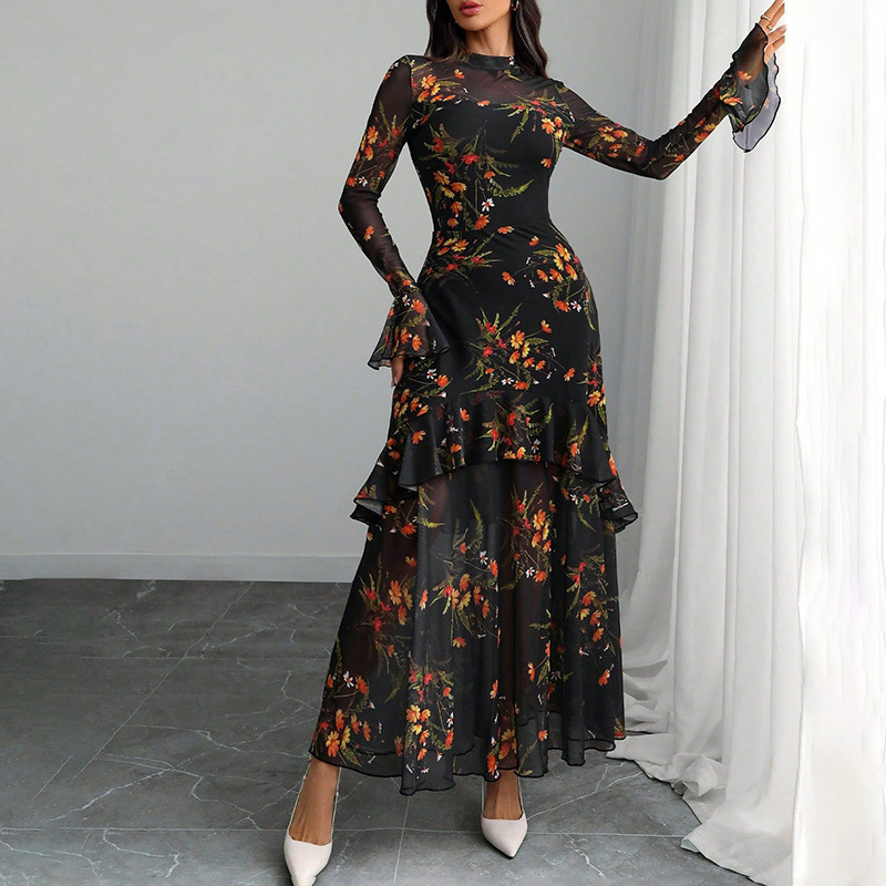 Women's Floral Print Maxi Dress, Sheer Mesh Flare Sleeve With Tiered Ruffle, Romantic Boho Casual Long Dress - Image 5