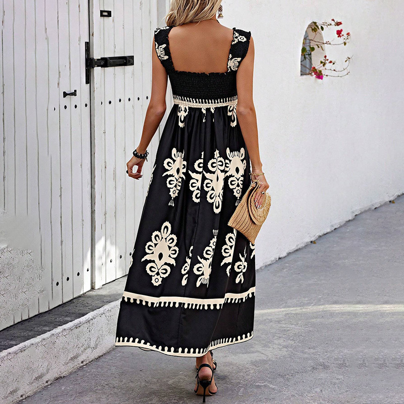 Women's Wide Strap Printed Maxi Dress With Bust Pleats, A-Line Vacation Dress - Image 8