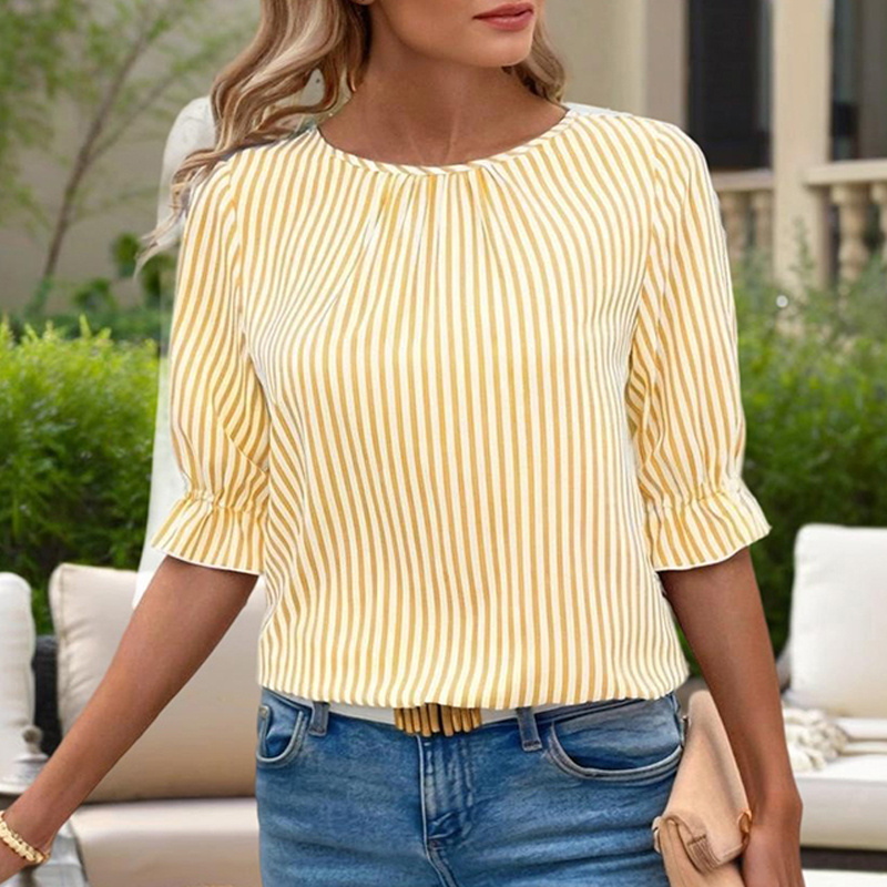 Women's Solid Color Casual Back Button Shirt - Round Neck Striped Summer Top, Breathable Blouse For Relaxed Wear - Image 8