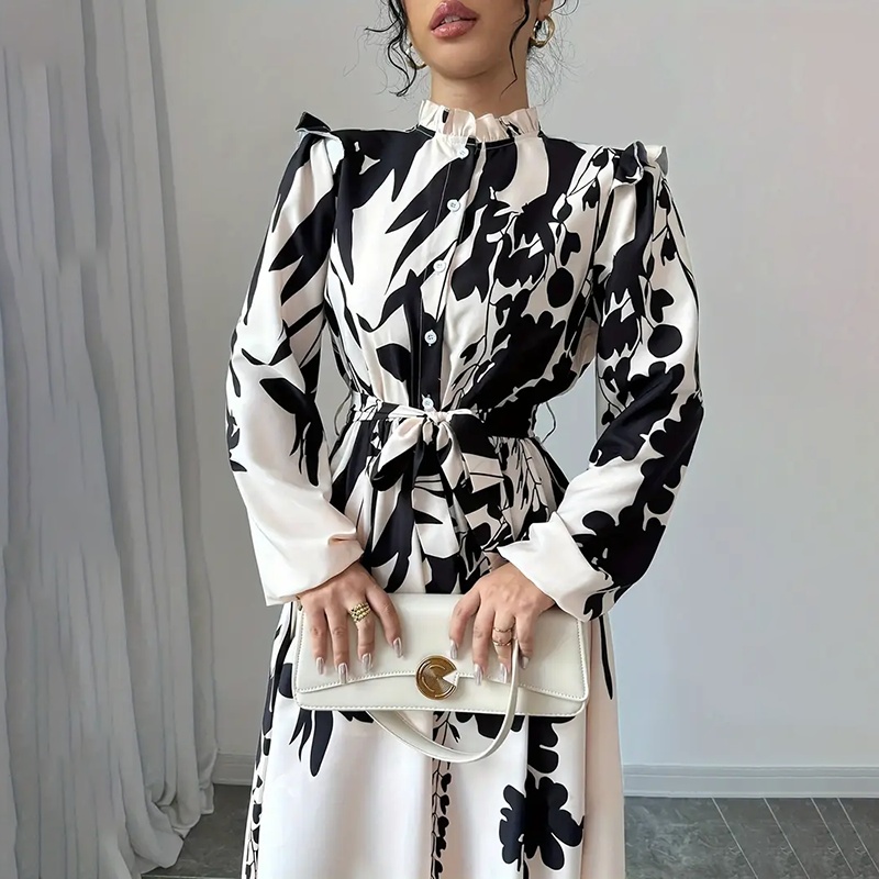 Women's Floral Print Long Sleeve Maxi Dress - Stand Collar A-Line Dress With Waist Detail, Lantern Sleeves & Ruffle Hem For Spring&Fall - Image 6