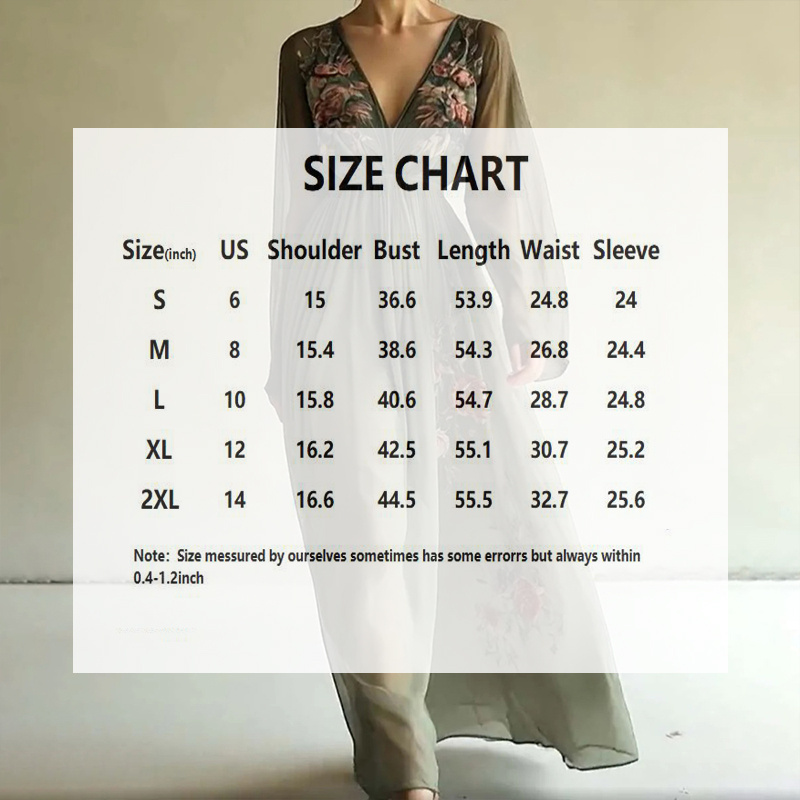 Women's Elegant V-Neck Green Floral Print A-Line Maxi Semi-Sheer Long Sleeve Spring&Summer Dress - Image 6