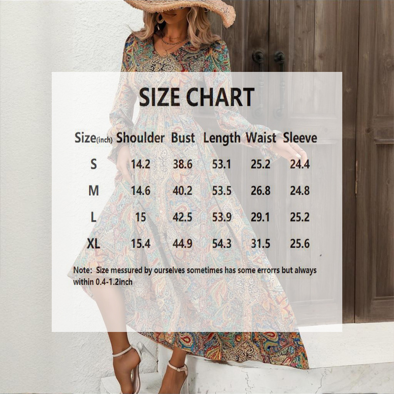 Women's V-Neck Retro Geometric Print Flounce Sleeve Dress - A-Line Maxi Dress With Smocked Waist For Spring&Summer - Image 6