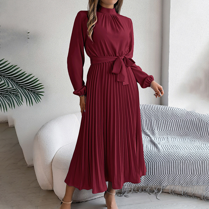 Elegant High Neck Long Sleeve Pleated Maxi Dress - Solid Color Flowy Dress For Women, Casual To Formal Wear - Image 9
