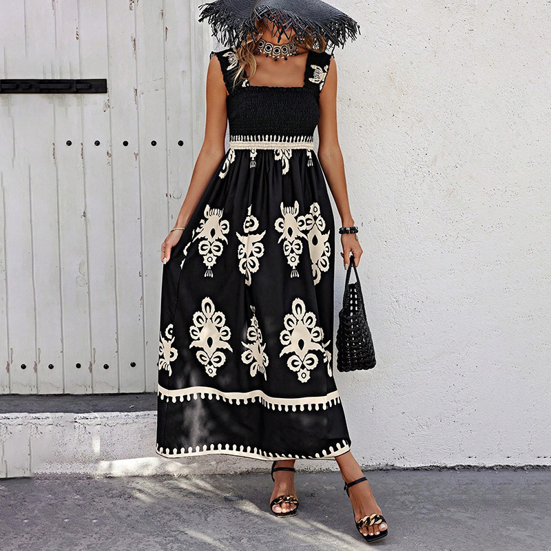 Women's Wide Strap Printed Maxi Dress With Bust Pleats, A-Line Vacation Dress - Image 7