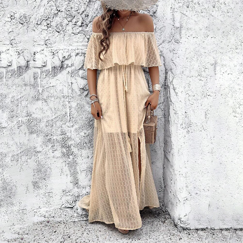 Womens Off The Shoulder Ruffle Party Dresses Side Split Beach Maxi Dress - Image 2