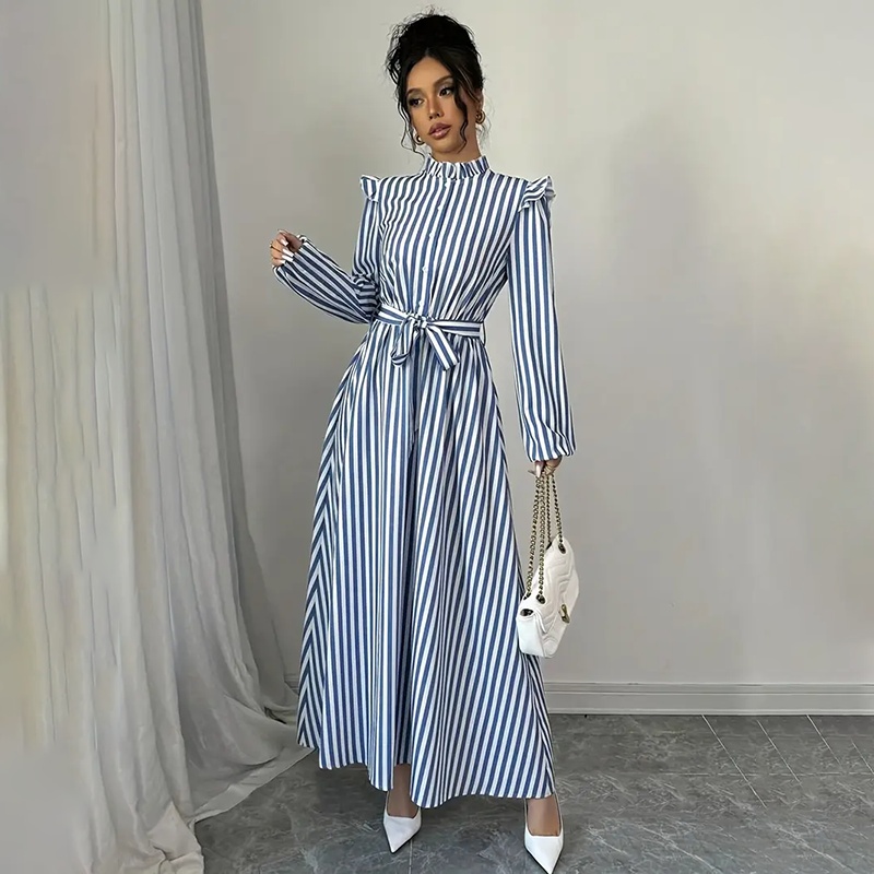 Women's Floral Print Long Sleeve Maxi Dress - Stand Collar A-Line Dress With Waist Detail, Lantern Sleeves & Ruffle Hem For Spring&Fall - Image 10