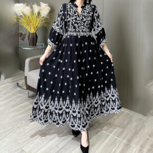 Women's Bohemian Embroidery V-neck Dress, Elegant 3 4 Sleeve A-line Swing Maxi Dress