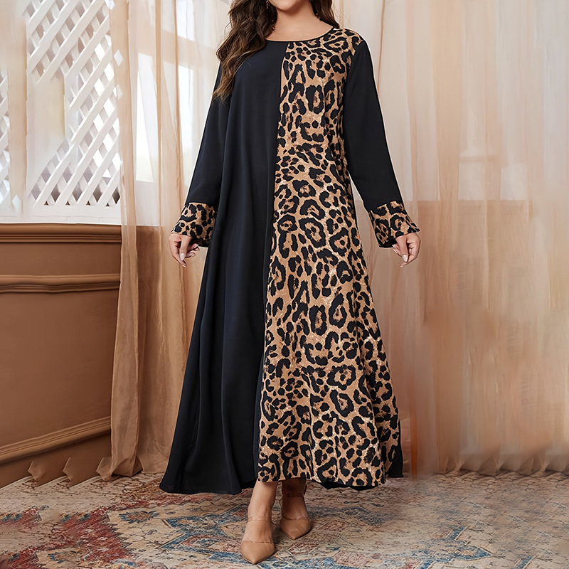 Womens Leopard Print Maxi Dresses Color Block Long Sleeve Dress Casual Summer Dresses