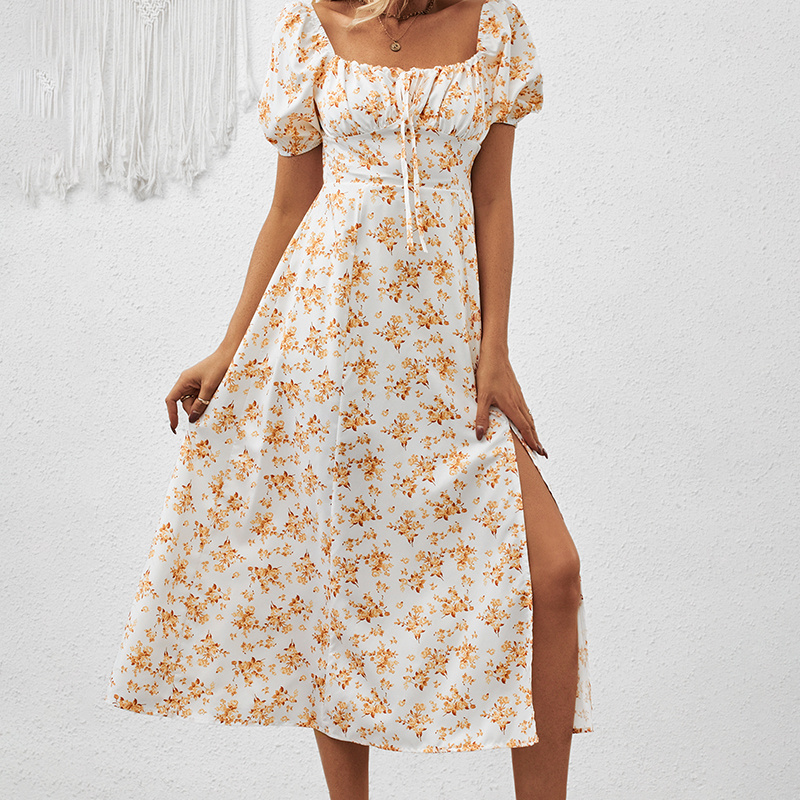 Women's Square Neck Floral Print Dress With Puff Sleeves & Side Slit - Elegant Spring Summer Boho Maxi Dress - Image 2