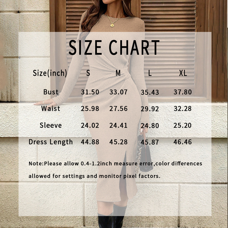 Women's Casual Twist Front Long Sleeve Midi Dress Round Neck Split Hem Bodycon Dresses - Image 6