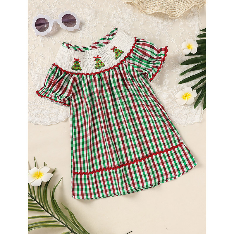 Toddler Infant Baby Girls Christmas Dress Short Sleeve Christmas Tree Embroidered Plaid Casual Party Dresses - Image 4