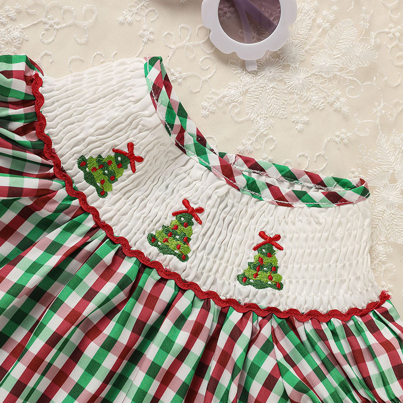 Toddler Infant Baby Girls Christmas Dress Short Sleeve Christmas Tree Embroidered Plaid Casual Party Dresses - Image 6