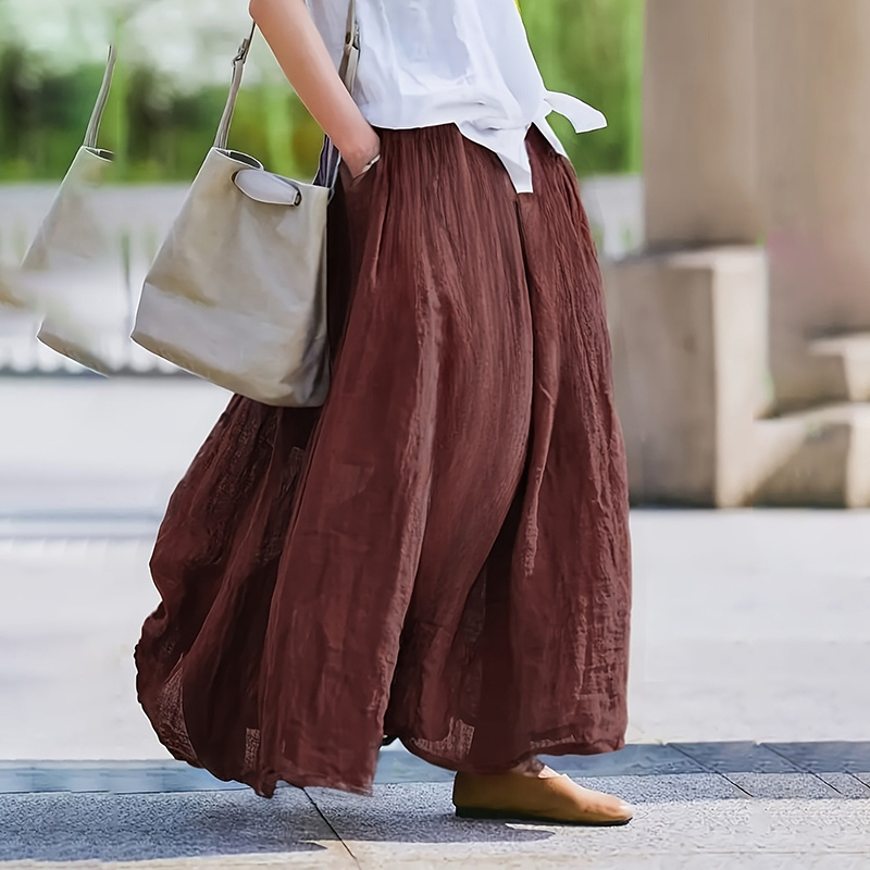 Women Bohemian Beach A-Line Dress Elastic Waist Flowy Long Maxi Skirt With Pockets - Image 7