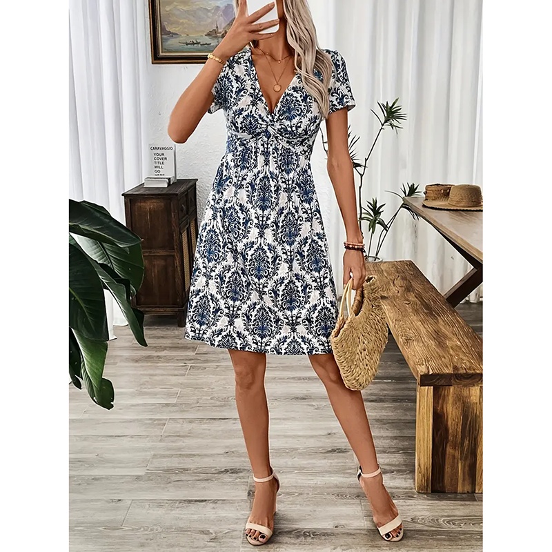 Women's Vibrant Leopard Print Twist Front V Neck Casual Summer Short Sleeve Bodycon Mini Dresses - Image 8