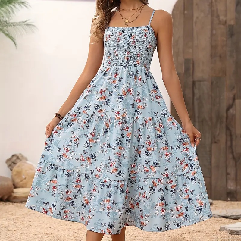 Womens Summer Floral Midi Dress Smocked Spaghetti Strap Sleeveless Tiered Casual Flowy Dresses - Image 5