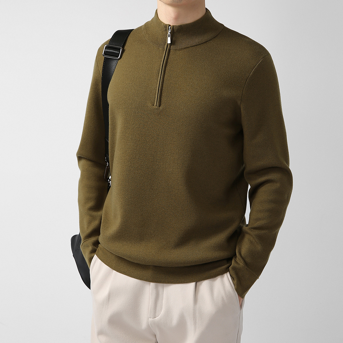 Men's Sweater Light Mature Simple Zip Stand Collar Machine Washable Merino Wool Knitwear - Image 2
