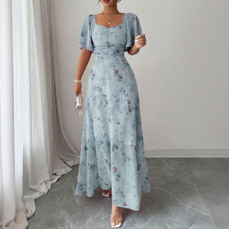 Women's Solid Color Square Neck Short Sleeve Butterfly Print Flowy Dress A-Line Summer Vacation Maxi Dress - Image 4