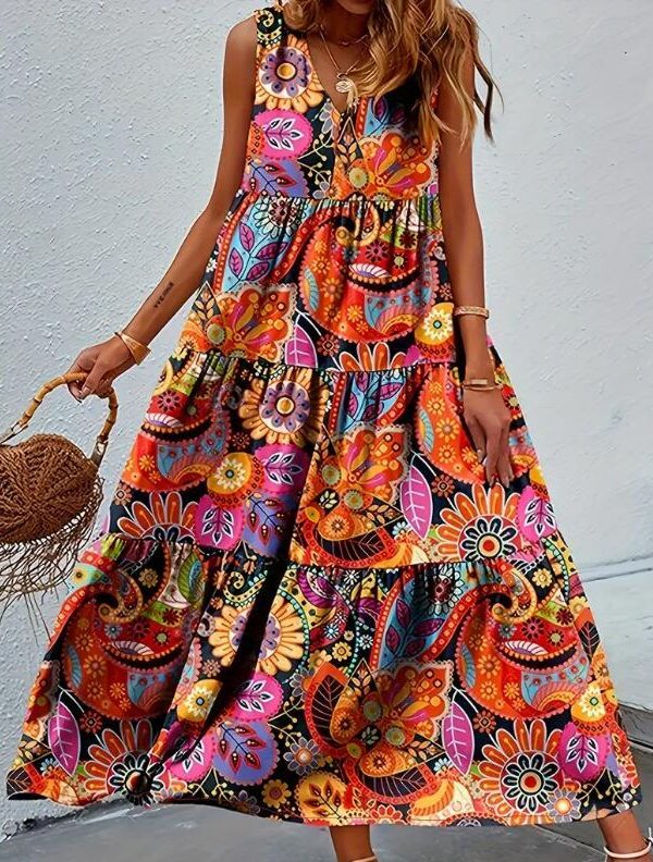 Bohemian Plus Size Dresses Loose Round Neck Ruffle Big Swing Print Spring Summer Casual Sleeveless Hem - 0XL