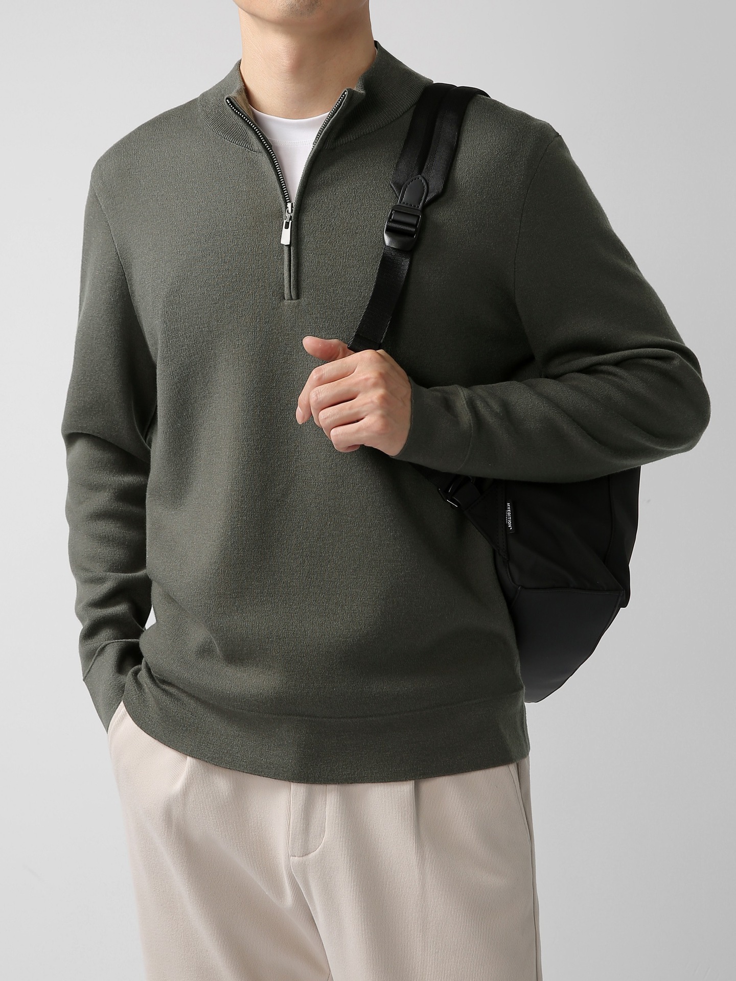 Men's Sweater Light Mature Simple Zip Stand Collar Machine Washable Merino Wool Knitwear - Image 6