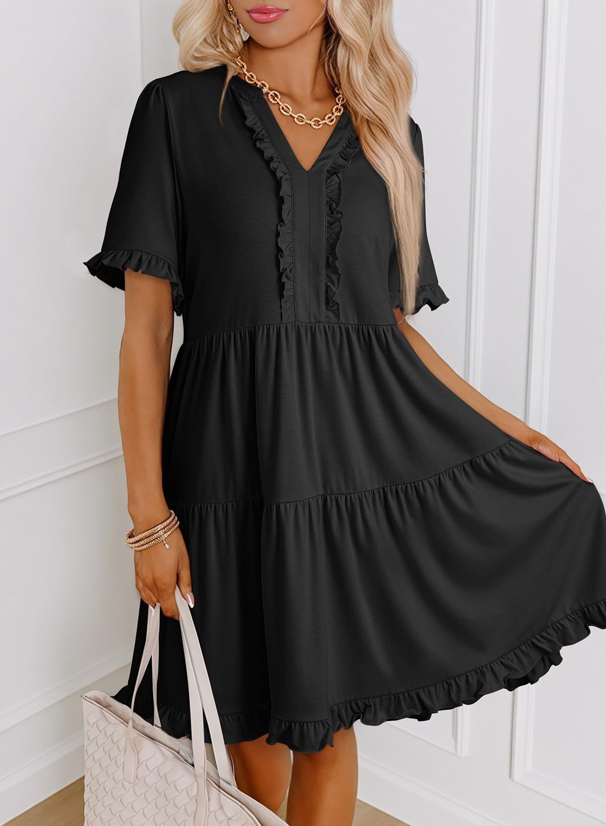 Womens Dresses Summer Spring V Neck Short Sleeve Casual A Line Flowy Swing Dress Mini Dress - Image 7