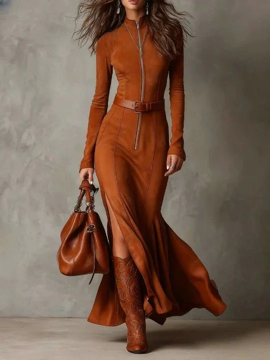 Slim Zipper Dress Elegant Temperament Split Long-sleeved Dresses Cowboy Fashion Retro Women's Clothing - Image 6