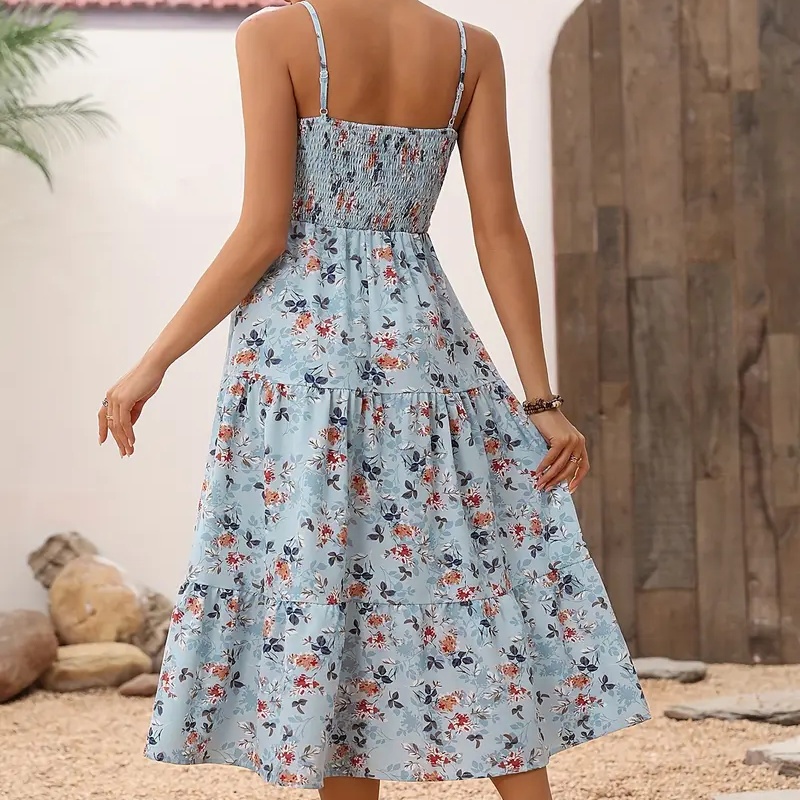 Womens Summer Floral Midi Dress Smocked Spaghetti Strap Sleeveless Tiered Casual Flowy Dresses - Image 8