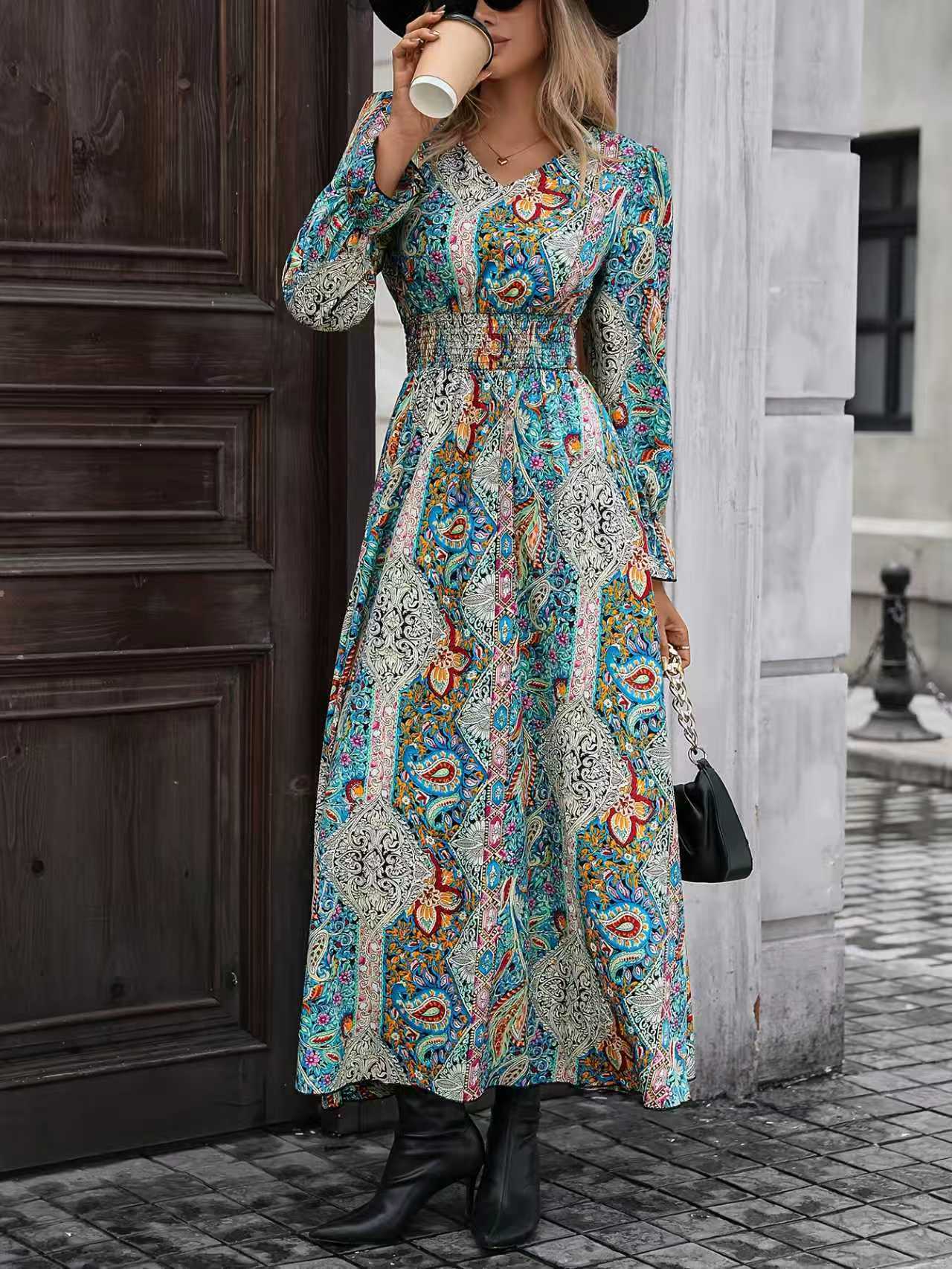 Women's V-Neck Retro Geometric Print Flounce Sleeve Dress - A-Line Maxi Dress With Smocked Waist For Spring&Summer - Image 3