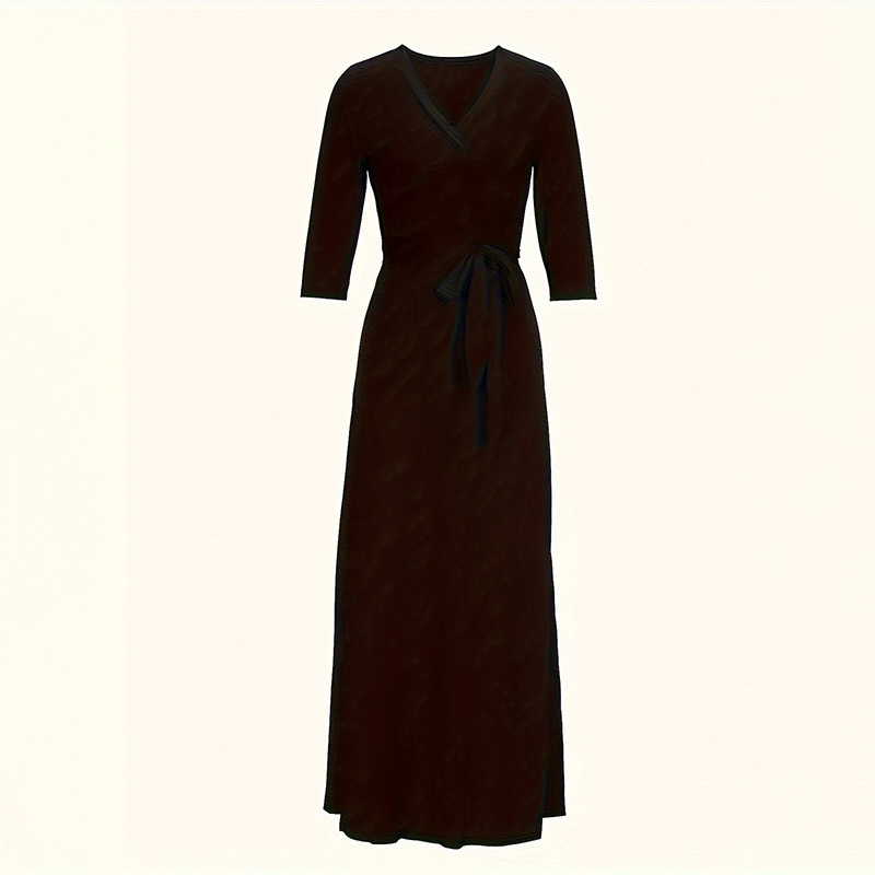 Women's V-Neck Elegant Half-Sleeve Belted Waist Print Maxi Dress For Spring&Summer Dress - Image 5