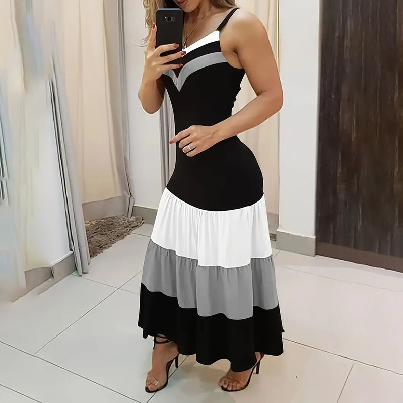 Women's Summer Casual Sleeveless V Neck Color Block Spaghetti Strap Maxi Long Dress - Image 8