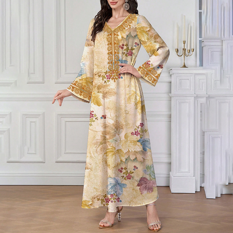 Women's Chic Bohemian Floral V-Neck Maxi Dress, Elegant Golden Long Sleeve Loose Fit Casual Dress - Image 4