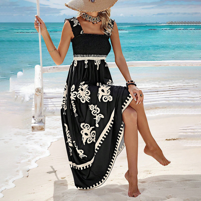 Women's Wide Strap Printed Maxi Dress With Bust Pleats, A-Line Vacation Dress - Image 5