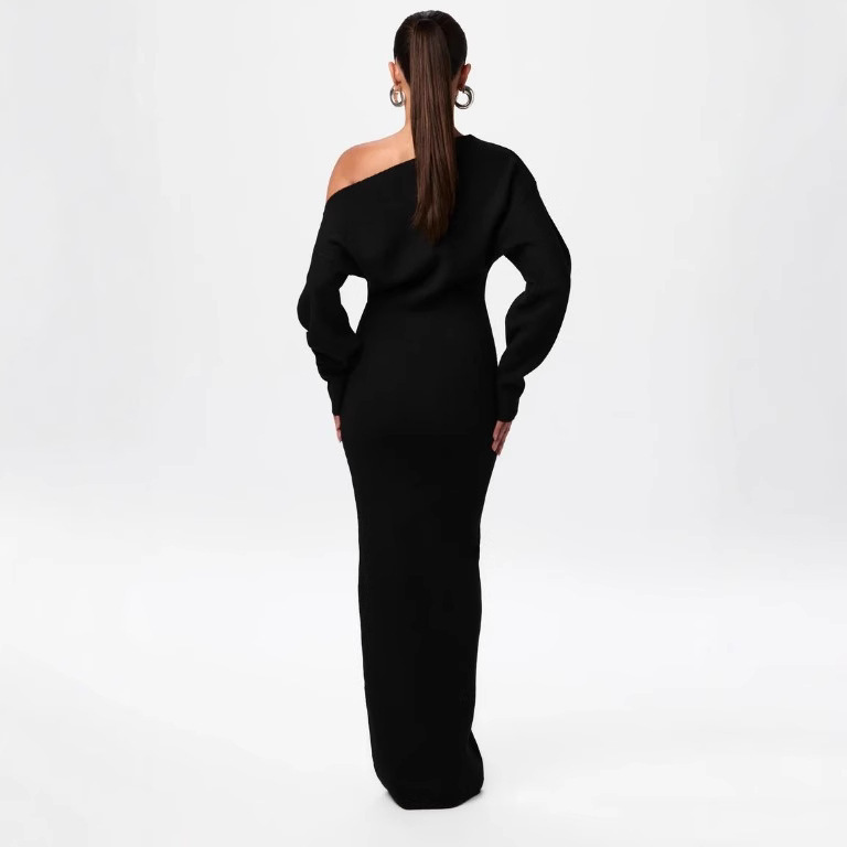 Ins Slim Long Sleeve Knitted Dress Evening Party Sexy Off-shoulder Bodycon Long Dresses - Image 8