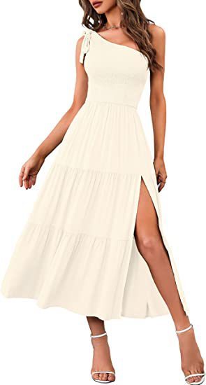 New Summer Fashion Women's One-shoulder Pleated Layered Hem Split Dress - Image 5