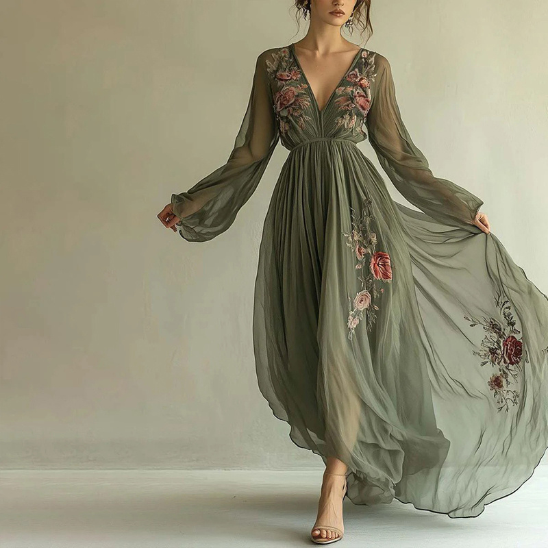 Women's Elegant V-Neck Green Floral Print A-Line Maxi Semi-Sheer Long Sleeve Spring&Summer Dress - Image 2