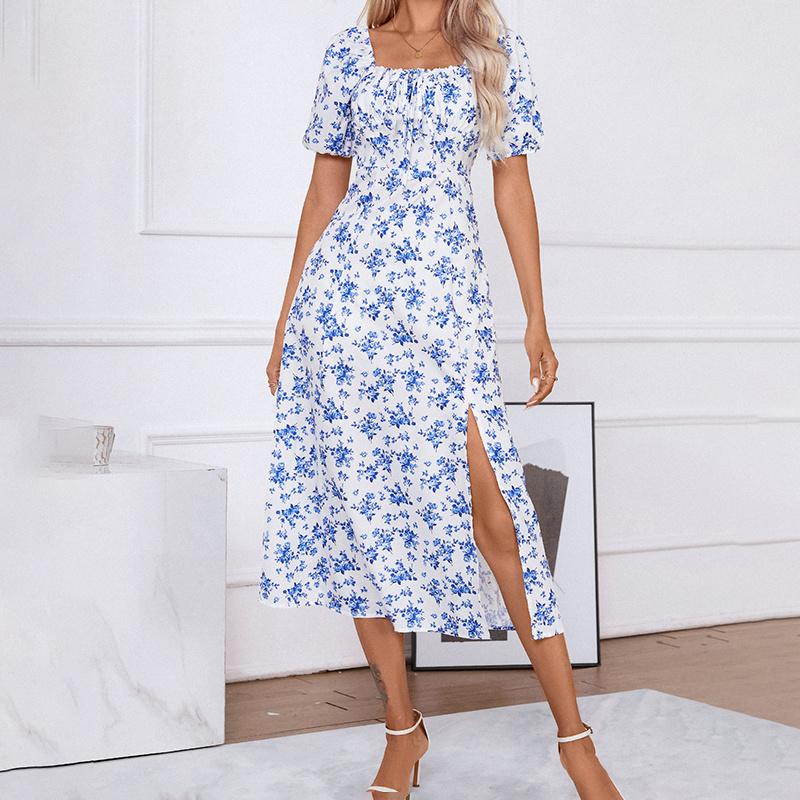 Women's Square Neck Floral Print Dress With Puff Sleeves & Side Slit - Elegant Spring Summer Boho Maxi Dress - Image 9