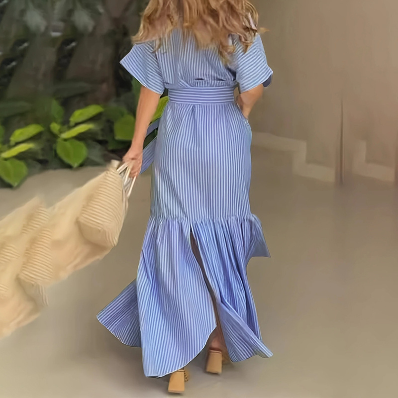 Women's Summer Casual Striped Button Down Maxi Dress Tie Waist Short Sleeve Shirt Dress With Pockets - Image 3